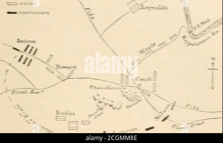 . Vier Jahre bei der Armee der Potomac . e weiß, dass er in vollem Rückzug ist, bemüht, seine Züge zu retten.zwei von Sickles Division sind auf ihm. General Slocum war weit davon entfernt, dieses Vertrauen zu teilen.Gegen Mittag traf ich ihn, der unsere Front besuchte, um zu sehen, wie wir aufgestellt wurden, und die Position des Elften Korps aufmerksam untersuchte. Ich empfehle Ihnen, sich so gut wie möglich zu stärken, sagte er zu mir. Der Feind massiert akonsiderable Kraft auf unserer rechten Seite. In zwei oder drei Stunden wird sie auf Howard fallen, und du wirst ihn in starker Kraft haben. Man sollte sich so gut wie möglich schützen Stockfoto