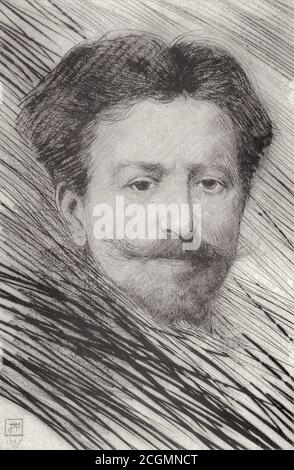 Rassenfosse Armand - Portrait De Félicien Rops - Belgische Schule - 19. Jahrhundert Stockfoto