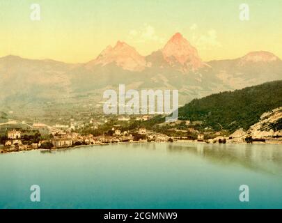 Großer Mythen und Vierwaldstättersee, Brunnen, Schweiz 1890. Stockfoto