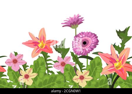 Vektor florale nahtlose Grenze, Muster mit Taglilien und Gerbera Gänseblümchen. Stock Vektor