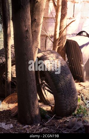 Weggeworfene Reifen und Müll in einem Hinterhof Stockfoto