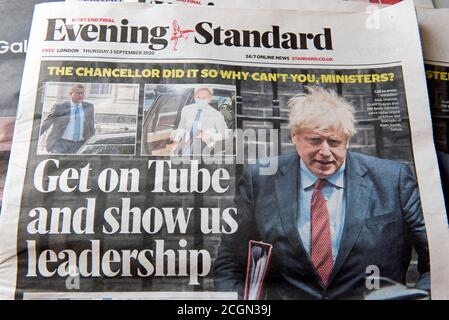 Evening Standard Zeitung Schlagzeile "Get on Tube und zeigen uns Führung". Boris. Donnerstag, 3. September 2020. Coronavirus Corvid19 nur zur redaktionellen Verwendung. Stockfoto