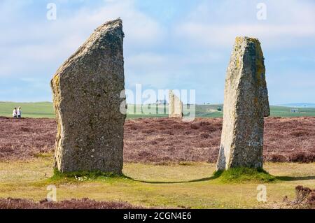 Standing Stones of Stenness stammt aus mindestens 3100 v. Chr. und sind Teil des neolithischen Orkney UNESCO-Weltkulturerbes, Schottland, Großbritannien Stockfoto