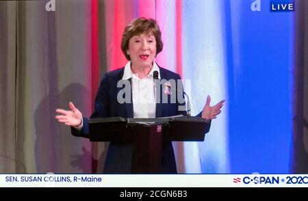 Portland, Maine, USA. September 2020. Screen Grab der C-SPAN Berichterstattung über die Maine US-Senat Debatte. Hier ist Senatorin SUSAN COLLINS (R) zu sehen, die versucht, eine starke Herausforderung von Speaker of the House Sara Gideon (D) abzudecken Kredit: C-span/ZUMA Wire/Alamy Live News Kredit: ZUMA Press, Inc./Alamy Live News Stockfoto