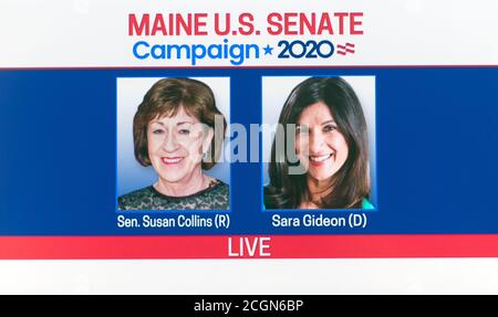 Portland, Maine, USA. September 2020. Screen Grab der C-SPAN Berichterstattung über die Maine US-Senat Debatte. Senatorin SUSAN COLLINS (R) und die Parlamentspräsidentin SARA GIDEON (D) sind die beiden Kandidaten mit der größten Unterstützung für die Parlamentswahlen im November. Kredit: C-span/ZUMA Wire/Alamy Live Nachrichten Gutschrift: ZUMA Press, Inc./Alamy Live Nachrichten Stockfoto