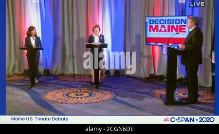 Portland, Maine, USA. September 2020. Bildschirmabbild der C-SPAN-Berichterstattung über die Debatte im US-Senat von Maine. Senatorin SUSAN COLLINS (R) und die Parlamentspräsidentin SARA GIDEON (D) sind die beiden Kandidaten mit der größten Unterstützung für die Parlamentswahlen im November. Kredit: C-span/ZUMA Wire/Alamy Live Nachrichten Gutschrift: ZUMA Press, Inc./Alamy Live Nachrichten Stockfoto