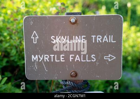 Wegweiser für zwei Wanderwege in Paradise Area of Mount Rainier National Park für Skyline Trail und Myrtle Falls Stockfoto