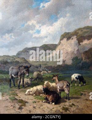 Robbe Louis - Landschap Met Herder Schapen Geiten En Ezeltje - Belgische Schule - 19. Jahrhundert Stockfoto