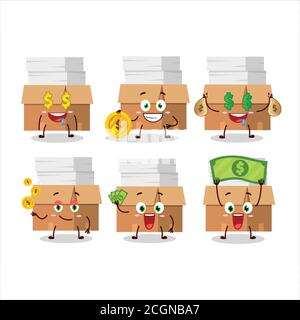Büro-Boxen mit Papier Zeichentrickfigur mit niedlichen Emoticon bringen Geld Stock Vektor