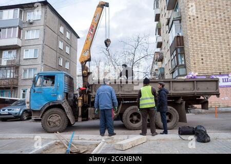 Arbeiter Pflanzen Bäume in einem Wohngebiet, um die Stadt Krasnojarsk zu grünen. Der Baum liegt im LKW auf dem Hintergrund der Häuser. Stockfoto