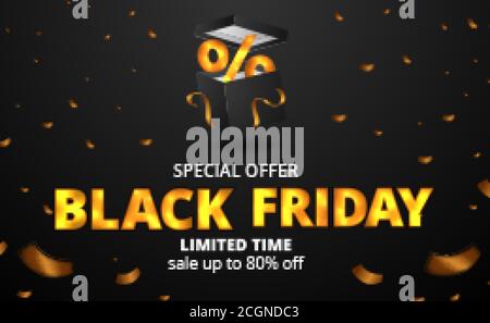 Black friday Verkauf Rabatt Event Poster Banner Vorlage mit 3d Black Box mit goldenem Band und Prozentsatz und Gold Konfetti Stock Vektor