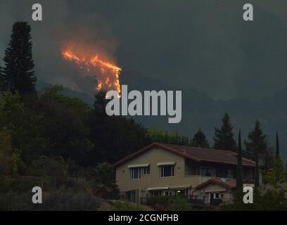 Monrovia, Vereinigte Staaten. September 2020. Am Freitag, den 11. September 2020, tauchen Flammen aus dem Bobcat Fire über den Häusern in den Ausläufern von Monrovia, Kalifornien, auf. Das Waldbrand im Angeles National Forest hat mehr als 26,000 Hektar geschwärzt und ist nur 6% enthalten. Eine vollständige Rückhaltung ist erst im Oktober 15 zu erwarten. Foto von Jim Ruymen/UPI Kredit: UPI/Alamy Live Nachrichten Stockfoto