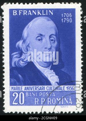 RUMÄNIEN - UM 1956: Briefmarke gedruckt von Rumänien, zeigt Benjamin Franklin, um 1956. Stockfoto