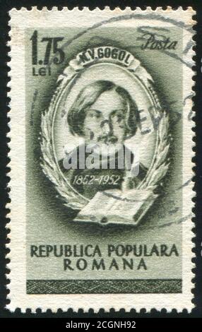 RUMÄNIEN - UM 1952: Briefmarke gedruckt von Rumänien, Ausstellung Gogol, russischer Schriftsteller, um 1952. Stockfoto