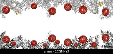 Weihnachtliche Neujahrsgrenze mit Tannenzweigen, roten und goldenen Kugeln auf Weiß. Horizontal. Festliches Menü, Begrüßung, Einladung. Platz für Text, Platz zum Kopieren, Mock. 3D-Illustration Stockfoto
