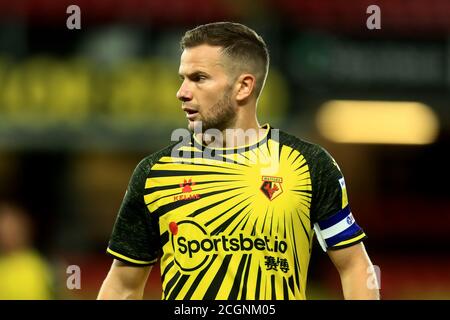 WATFORD, ENGLAND. 11. SEPTEMBER Tom Cleverley von Watford während des Sky Bet Championship Matches zwischen Watford und Middlesbrough in Vicarage Road, Watford. (Kredit: Leila Coker, MI News) Kredit: MI Nachrichten & Sport /Alamy Live Nachrichten Stockfoto