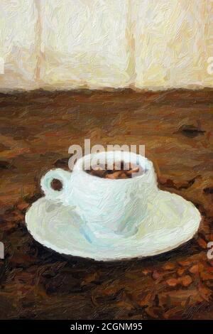 Abbildung der Kaffeebohnen auf der weißen Kaffeetasse über dem Holztisch Stockfoto