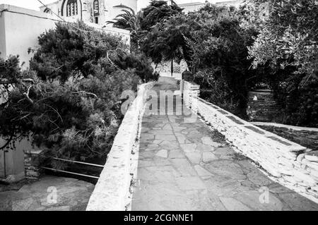 Fotos von der griechischen Insel Tinos in der südlichen Ägäis bei der Insel Mykonos. Diese Fotos bestehen meist aus Häusern, Meeresnahrung, Schiffen und Archäologie Stockfoto