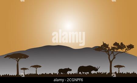 Full Frame Silhouette Familie von Nashorn im Grasland auf dem mehrfarbigen Hintergrund. Stockfoto