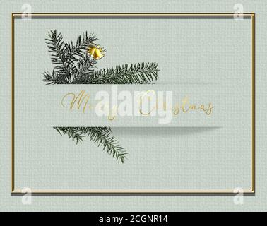 Schöne minimalistische Weihnachts-Neujahrskarte 2021 in pastellgrünem Design mit Tannenzweigen und Goldglocke im Rand des Papierstreifens. Text-Frohe Weihnachten. 3D-Illustration Stockfoto