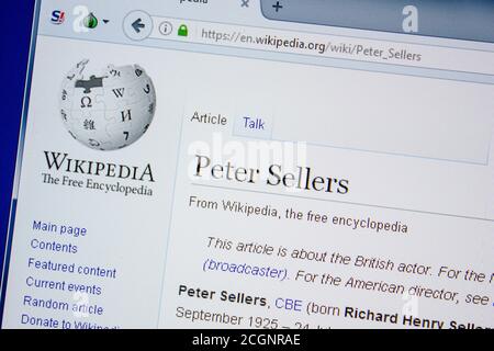 Rjasan, Russland - 09. Juli 2018: Wikipedia-Seite über Peter Sellers Stockfoto