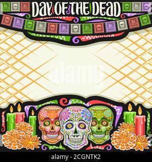 Vektor-Rahmen für Day of the Dead mit Kopierraum, schwarz dekoratives quadratisches Layout mit Darstellung von grauen gruseligen Schädeln, brennende Kerzen, bunte fl Stock Vektor