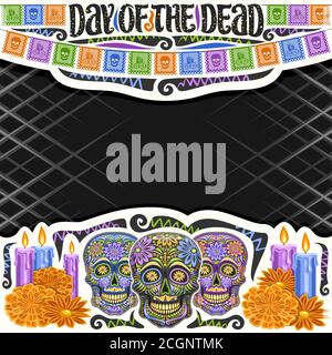 Vektorrahmen für Day of the Dead mit Copyspace, dekorativ geschnittenes Papier quadratisches Layout mit Abbildung von schwarzen gruseligen Schädel, brennende Kerzen, bunt Stock Vektor
