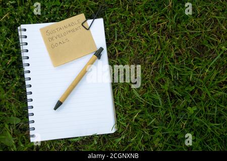 Konzept der Umsetzung der Ziele für nachhaltige Entwicklung mit einem Notizbuch, einer Notiz und einem Stift aus recycelbarem Material auf dem Rasen. Stockfoto