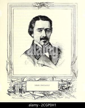 Jean Bernard Léon [Leon] Foucault (18. September 1819 – 11. Februar 1868) war ein französischer Physiker, der vor allem für seine Demonstration des Foucault-Pendels bekannt war, einem Gerät, das die Wirkung der Erdrotation demonstriert. Er machte auch eine frühe Messung der Lichtgeschwindigkeit, entdeckte Wirbelströme, und wird mit der Benennung des Gyroskops gutgeschrieben. Aus dem Buch Les merveilles de la Science, ou Beschreibung populaire des inventions modernes [die Wunder der Wissenschaft, oder populäre Beschreibung der modernen Erfindungen] von Figuier, Louis, 1819-1894 Veröffentlicht in Paris 1867 Stockfoto