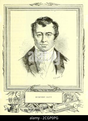 Sir Humphry Davy, 1. Baronet PRS MRIA FGS FRS (17. Dezember 1778 – 29. Mai 1829) war ein kornischer Chemiker und Erfinder, der heute am besten daran erinnert wird, durch den Einsatz von Elektrizität zum ersten Mal eine Reihe von Elementen zu isolieren: Kalium und Natrium in 1807 und Calcium, Strontium, Barium, Magnesium und Bor im folgenden Jahr, sowie die Entdeckung der elementaren Natur von Chlor und Jod. Davy studierte auch die Kräfte, die in diesen Trennungen, die Erfindung der neuen Bereich der Elektrochemie. Aus dem Buch Les merveilles de la Science, ou Beschreibung populaire des inventions modernes [The Wonde Stockfoto