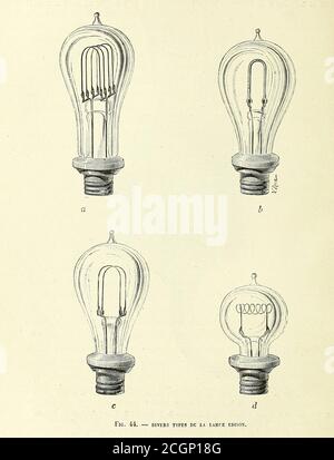 4 Arten von Edisons Glühbirnen aus dem Buch Les merveilles de la Science, ou Beschreibung populaire des inventions modernes [die Wunder der Wissenschaft, oder populäre Beschreibung der modernen Erfindungen] von Figuier, Louis, 1819-1894 Veröffentlicht in Paris 1867 Stockfoto