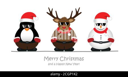 Niedliche Pinguin Rentier und Schneemann Cartoon mit Sonnenbrille für weihnachten vektorgrafik EPS10 Stock Vektor