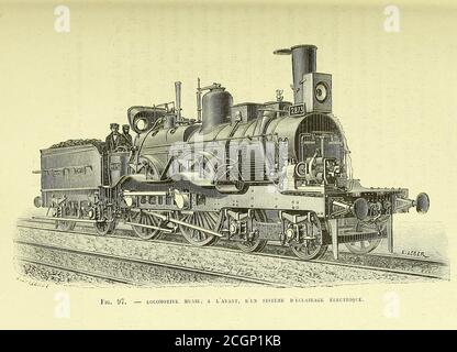 Dampflokomotive ausgestattet mit elektrischem Licht in der Vorderseite aus dem Buch Les merveilles de la Science, ou Beschreibung populaire des inventions modernes [die Wunder der Wissenschaft, oder populäre Beschreibung der modernen Erfindungen] von Figuier, Louis, 1819-1894 Veröffentlicht in Paris 1867 Stockfoto