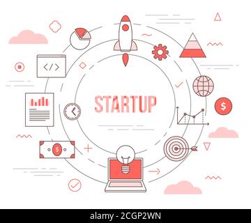 Startup Business Konzept mit Icon Set Template Banner mit modern Orangefarbenes Design Stock Vektor