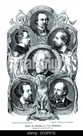 Friedrich Bodenstedt, Viktor Scheffel, Adolf Wilbrand, Carl/Karl von Holtei, Paul Heyse, Emanuel Geibel, Historische Illustration von Otto von Stockfoto