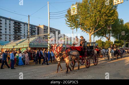 Geschmückte Pferdekutsche, hintere Casetas, Feria de Abril, Sevilla, Andalusien, Spanien Stockfoto