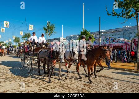 Geschmückte Pferdekutsche, hintere Casetas, Feria de Abril, Sevilla, Andalusien, Spanien Stockfoto