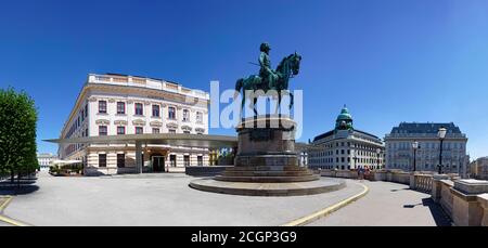 Panorama, Denkmal Erzherzog Albrecht, 1817, 1895, Reiterstatue, Statue, Bronze, dahinter Soravia-Flügel von Hans Hollein, dahinter Albertina Stockfoto