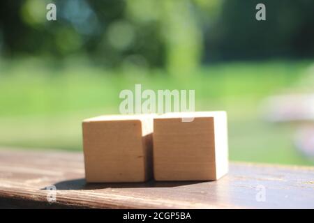 Zwei Holzwürfel auf Naturhintergrund. Trockenbau Konzept in der Wirtschaft oder Karriere Stockfoto