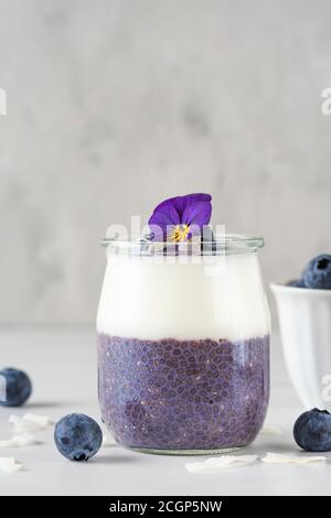 Heidelbeer Joghurt Parfait mit Chia Pudding, Kokosjoghurt, frische Beeren und essbare Blumen in einem Glas für gesunde Ernährung Frühstück auf Marmortisch. v Stockfoto
