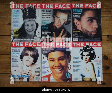 Zusammen sind 6 Frontcover des legendären Face Magazins vom 1990. Juli - Dezember mit Nicholas Cage, Tim Burgress, Prince, Monie Love & Kate Moss Stockfoto