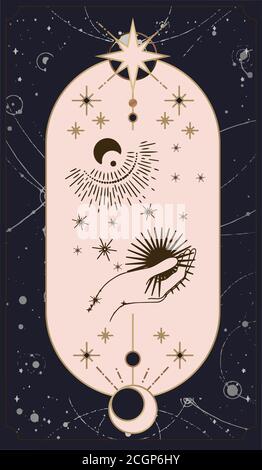 mond und Sonne Tarot-Karten, Hände in einfachen flachen Esoterik Boho Stil gesetzt. Hintergrund - Vorlage Design für Poster, Banner, Social Media Post. Stock Vektor