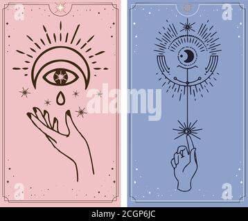 mond und Sonne Tarot-Karten, Hände in einfachen flachen Esoterik boho Stil gesetzt. Esoterik Logo mit verschiedenen Symbolen. Astrologische und esoterische Konzept. Stock Vektor