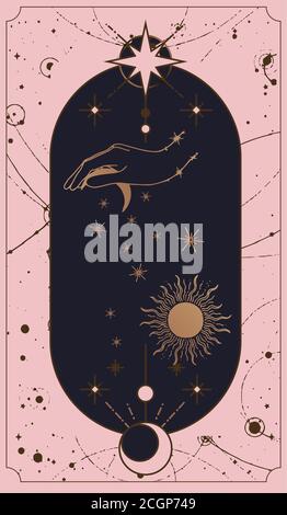 mond und Sonne Tarot-Karten, Hände in einfachen flachen Esoterik boho Stil gesetzt. Esoterik Logo mit verschiedenen Symbolen, Gold und rosa und rosa Karten, Poster o Stock Vektor