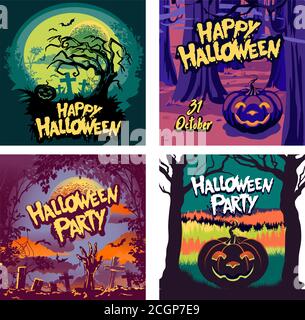 Set Halloween Grußkarte, Friedhof Kürbis Laterne, Vollmond Flyer oder Einladungsvorlage, horizontale vertikale und quadratische Flyer Banner, Social med Stock Vektor