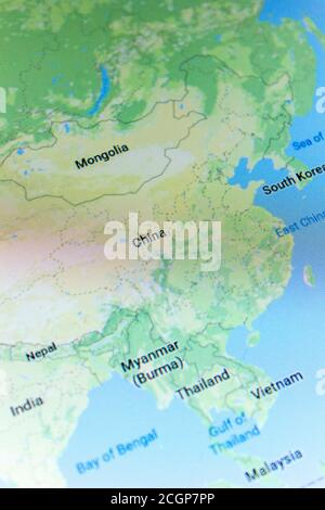 Rjasan, Russland - 08. Juli 2018: Land China auf dem google Maps-Dienst Stockfoto