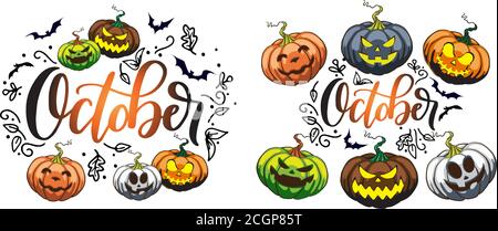 Schriftzug Oktober dekoriert mit dem Thema Herbst Halloween mit Kürbis Laternen. , Halloween Nacht Hintergrund mit Kürbis. Idee für Flyer und b Stock Vektor