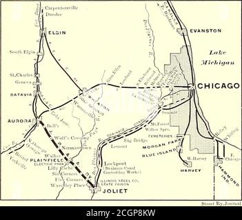 . Die Straßenbahn Zeitschrift . STANDARD STRASSENBETT UND OVERHEAD CONSTRUCTIONBETWEEN JOLIET UND PLAINFIELD Terminals über den Gleisen anderer Unternehmen, die Bevölkerung pro Meile von Interurban Road, nach diesen Zahlen, ist 3820.auch wenn dies nicht eine konservative Schätzung, diese Bevölkerung ist groß, wie im Lichte der aktuellen Ex- betrachtet. 24. Dezember 1904.] STREET RAILWAY JOURNAL. 1099 mit überstädtischen Liegenschaften, und es scheint ausreichend, um eine gute Zukunft für die Straße zu sichern, ohne dabei ein sehr wichtiges Element zu berücksichtigen, nämlich das sichere Wachstum von Jolie Stockfoto