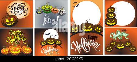 Halloween Kürbis mit lustigen gruseligen Gesichtern, Social Media Storytelling und Posting Vorlage, Werbung Mockup. Satz von Geschichten und Post-Frames. Raum fo Stock Vektor