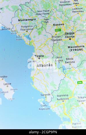 Rjasan, Russland - 08. Juli 2018: Land Albanien auf dem google Maps-Dienst Stockfoto